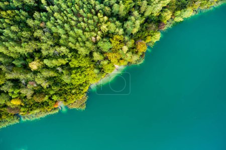 Photo for Aerial view of beautiful Balsys lake, one of six Green Lakes, located in Verkiai Regional Park. Birds eye view of scenic emerald lake surrounded by pine forests. Vilnius city, Lithuania. - Royalty Free Image