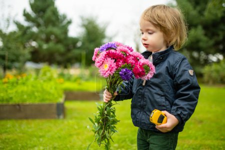 Téléchargez les photos : Petit garçon mignon tenant un bouquet de fleurs d'aster colorées. Enfant cueillant des fleurs fraîches dans un jardin le jour de l'automne. Enfant choisir des fleurs pour sa mère. - en image libre de droit