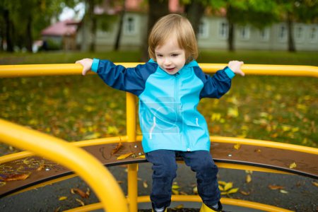 Photo for Cute toddler boy having fun on a playground outdoors on warm autumn day. Active leisure for small kids in fall. - Royalty Free Image