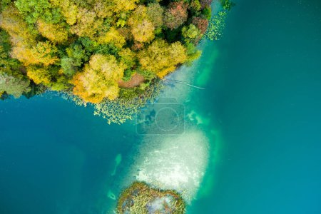 Photo for Aerial view of beautiful Balsys lake, one of six Green Lakes, located in Verkiai Regional Park. Birds eye view of scenic emerald lake surrounded by pine forests. Vilnius city, Lithuania. - Royalty Free Image