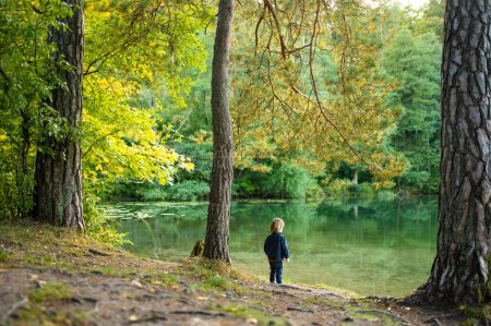 Photo for Adorable toddler boy admiring the Balsys lake, one of six Green Lakes, located in Verkiai Regional Park. Child exploring nature on autumn day in Vilnius, Lithuania. Fun autumn activities for kids. - Royalty Free Image