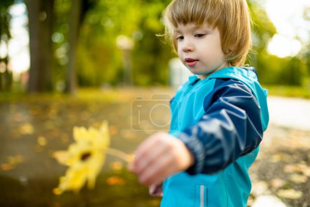 Foto de Divertido niño que se divierte al aire libre en el soleado día de otoño. Niño explorando la naturaleza. Un chico jugando en un parque de la ciudad. Actividades de otoño para niños pequeños. - Imagen libre de derechos