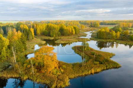 Photo for Amazing aerial view of Kirkilai karst lakes in the bright sunny autumn morning, Birzai eldership, Panevezys county, Lithuania - Royalty Free Image