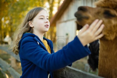 Foto de Linda joven acariciando una alpaca en un zoológico de granja en el día de otoño. Niño alimentando una llama en una granja de animales. Un chico en un zoológico de mascotas en otoño. Ocio activo niños al aire libre. - Imagen libre de derechos