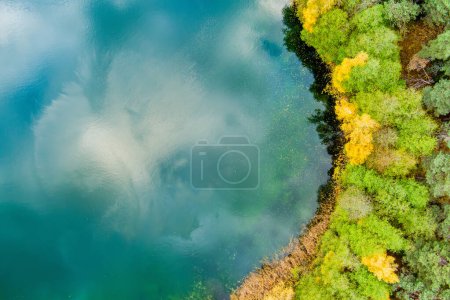 Téléchargez les photos : Vue aérienne de belles eaux vertes du lac Gela. Vue des oiseaux sur le lac émeraude pittoresque entouré de forêts de pins. Nuages reflétant dans le lac Gela, près de Vilnius, Lituanie. - en image libre de droit
