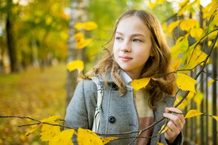 Téléchargez les photos : Adorable jeune fille qui s'amuse le beau jour d'automne. Heureux portrait d'adolescent dans le parc d'automne. Activités d'automne pour les enfants. - en image libre de droit