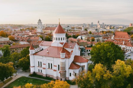 Aerial view of the Cathedral of the Theotokos in Vilnius, the main Orthodox Christian church of Lithuania, located in Uzupis district of Vilnius. Sunny autumn day.