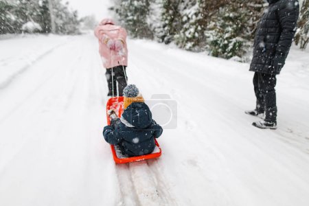 Téléchargez les photos : Petit garçon drôle et sa grande sœur s'amusent avec un traîneau dans un beau parc d'hiver. Mignon enfant jouant dans la neige. Activités hivernales pour les enfants. - en image libre de droit