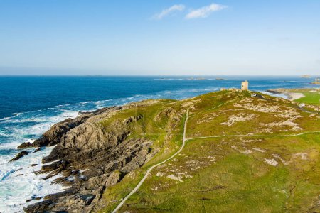 Aerial view of Banba's Crown, iconic gem of Malin Head, Ireland's northernmost point, famous Wild Atlantic Way, spectacular coastal route. Wonders of nature. Numerous Discovery Points. Co. Donegal