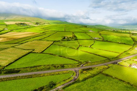 Téléchargez les photos : Vue aérienne d'innombrables pâturages luxuriants et terres agricoles de la péninsule de Dingle en Irlande. Belle campagne irlandaise avec des champs verts émeraude et des prairies. Paysage rural au coucher du soleil. - en image libre de droit