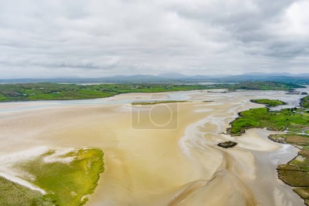 Aerial view of Loughros peninsula and dried up Loughros Beg Bay corner in the vicinity of Assaranca Waterfall, Ireland