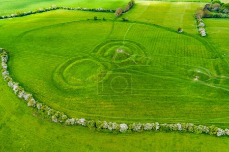 Photo for Aerial view of the Hill of Tara, an archaeological complex, containing a number of ancient monuments and, according to tradition, used as the seat of the High King of Ireland, County Meath, Ireland - Royalty Free Image