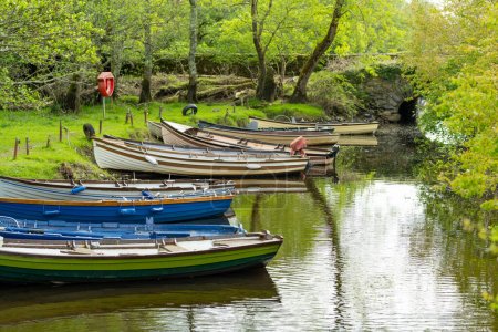Assorted boats for rent tied to small pier on Lough Leane, the largest and northernmost of the three lakes of Killarney National Park, County Kerry, Ireland