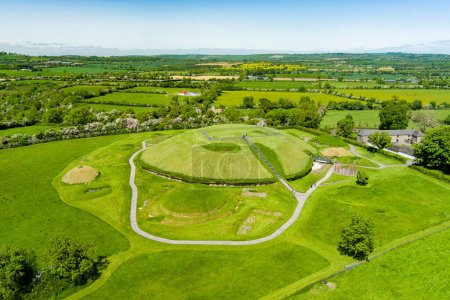 Aerial view of Knowth, the largest and most remarkable ancient monument in Ireland. Spectacular prehistoric passage tombs, part of the World Heritage Site of Bru na Boinne, valley of the River Boyne.