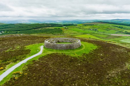 Grianan of Aileach, ancient drystone ring fort, part of lager prehistoric structures complex, located on top of Greenan Mountain in Inishowen, Co. Donegal, Ireland.