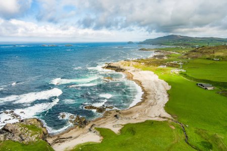 Aerial view of Portmor or Kitters Beach, Malin Head, Ireland's northernmost point, famous Wild Atlantic Way, spectacular coastal route. Wonders of nature. Numerous Discovery Points. Co. Donegal