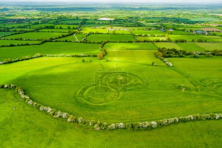 Photo for Aerial view of the Hill of Tara, an archaeological complex, containing a number of ancient monuments and, according to tradition, used as the seat of the High King of Ireland, County Meath, Ireland - Royalty Free Image