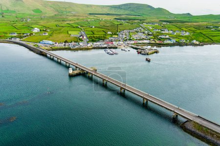 Aerial view of Maurice O'Neill Memorial Bridge, a bridge connecting Portmagee town and Valentia Island, county Kerry, Ireland.