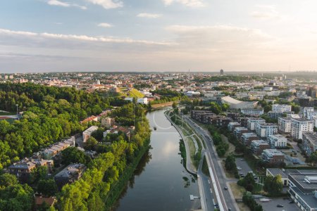 Photo for Beautiful aerial landscape of Neris river winding through Vilnius city. Scenic Lithuanian cityscape - Royalty Free Image