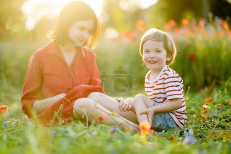 Téléchargez les photos : Belle adolescente et son petit frère admirant les fleurs de pavot et de potamot dans un champ de pavot en fleurs le jour ensoleillé de l'été. - en image libre de droit