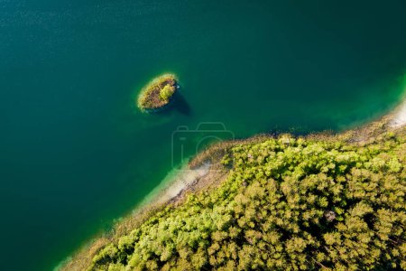 Aerial view of beautiful green waters of lake Gela. Birds eye view of scenic emerald lake surrounded by pine forests. Clouds reflecting in Gela lake, near Vilnius city, Lithuania.