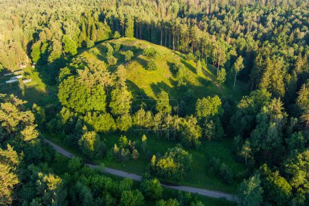 Scenic aerial view of Stirniai mound surrounded with green trees, located in Neris Regional Park near Vilnius, on sunny summer day. Landmarks and destination scenics of Lithuania.