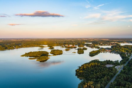 Beautiful aerial view of lake Galve, one of most popular lakes among water-based tourists, divers and holiday makers, located in Trakai, Lithuania.