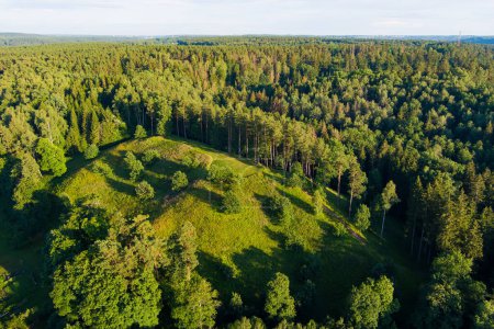 Scenic aerial view of Stirniai mound surrounded with green trees, located in Neris Regional Park near Vilnius, on sunny summer day. Landmarks and destination scenics of Lithuania.