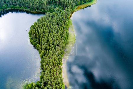 Scenic aerial view of Sciuro Ragas peninsula, separating White Lakajai and Black Lakajai lakes. Picturesque landscape of lakes and forests of Labanoras Regional Park. Natural beauty of Lithuania.