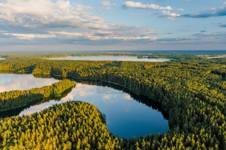 Téléchargez les photos : Vue aérienne panoramique de la péninsule de Sciuro Ragas, séparant les lacs White Lakajai et Black Lakajai. Paysage pittoresque des lacs et des forêts du parc régional de Labanoras. Beauté naturelle de la Lituanie. - en image libre de droit