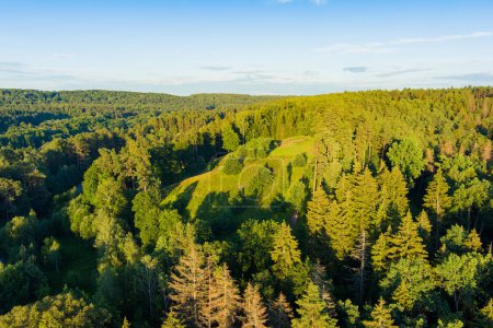 Szenische Luftaufnahme des von grünen Bäumen umgebenen Stirniai-Hügels im Regionalpark Neris in der Nähe von Vilnius an einem sonnigen Sommertag. Sehenswürdigkeiten und Ziellandschaften Litauens.