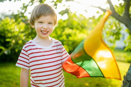 Cute little boy holding tricolor Lithuanian flag on Lithuanian Statehood Day, Vilnius, Lituania