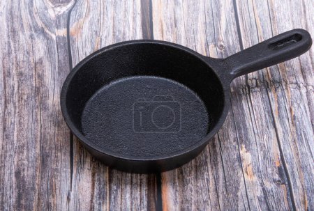 cast iron pan on wooden background
