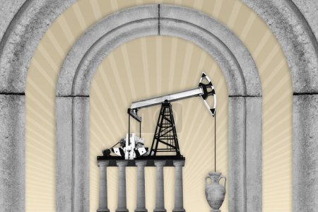 Art concept. Template for poster, art, zine, dj. Oil pump stands on stone columns and pumps oil from a amphora on a background of architectural arches. Pump Jack and classical architecture objects.