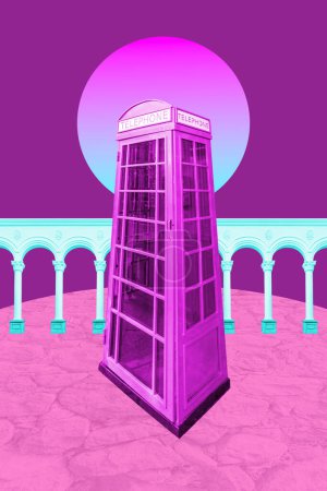 collage de arte pop funky con cabina de teléfono rojo y detalle de arquitectura clásica en colores neón. Plantilla moderna surrealista cartel, cubierta, pegatina, postal. Arte contemporáneo de fondo de pantalla de paisaje urbano en estilo retro.