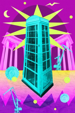 collage de arte pop funky con cabina de teléfono rojo y detalle de arquitectura clásica en colores neón. Plantilla moderna surrealista cartel, cubierta, pegatina, postal. Arte contemporáneo de fondo de pantalla de paisaje urbano en estilo retro.