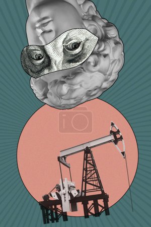 Pop art collage with antique statue head and industrial objects and dollar bill details. Alternative zine culture.Surreal poster, template for concept design or cover.