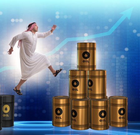 Photo for The arab businessman jumping from oil barrels - Royalty Free Image