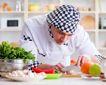 Téléchargez les photos : Le jeune cuisinier masculin travaillant dans la cuisine - en image libre de droit