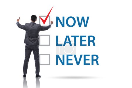 Photo for Concept of the procrastination with now or later - Royalty Free Image