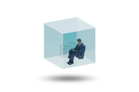 Foto de Empresario atrapado en el cubo de vidrio transparente - Imagen libre de derechos