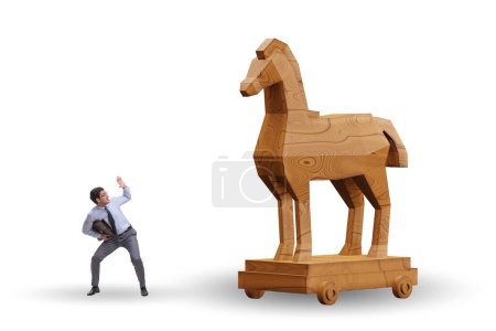 Foto de Hombre de negocios y caballo de Troya en el concepto de trampa - Imagen libre de derechos