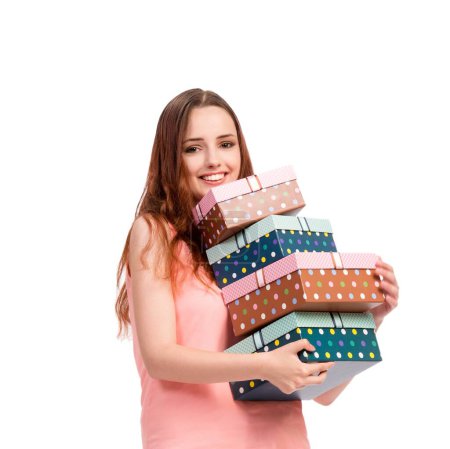 Téléchargez les photos : La jeune femme avec boîte cadeau isolée sur blanc - en image libre de droit
