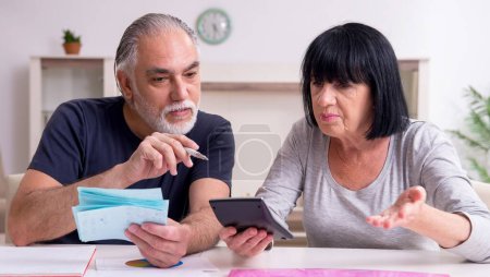 Téléchargez les photos : Le couple de personnes âgées discutant de plans financiers - en image libre de droit