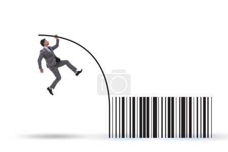 Foto de Businessman jumping over bar code in the pole vaulting - Imagen libre de derechos