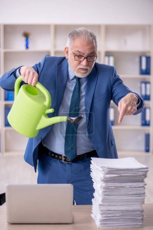 Photo for Old businessman employee watering papers by can - Royalty Free Image
