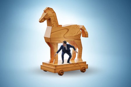 Téléchargez les photos : Homme d'affaires et cheval de Troie dans le concept de piège - en image libre de droit