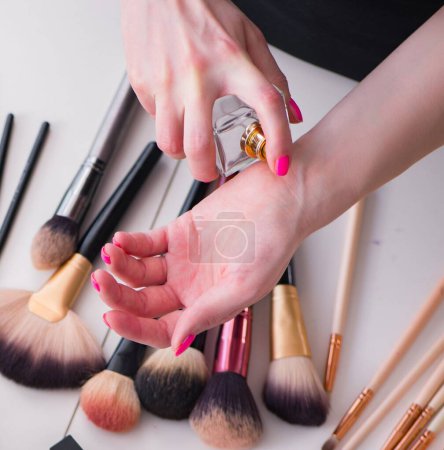 Photo for The collection of make up products displayed on the table - Royalty Free Image