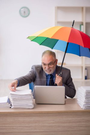 Téléchargez les photos : Old employee holding an umbrella at workplace - en image libre de droit