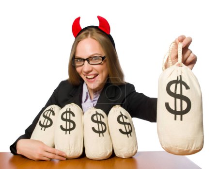 Foto de The female employee with money sacks on her table - Imagen libre de derechos